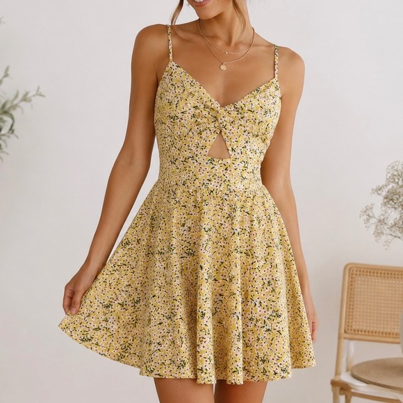 Dresses & Skirts - Yellow Ditsy Floral Fit & Flare Mini Dress Cutout Tie‎ Back M Cottagecore Summer